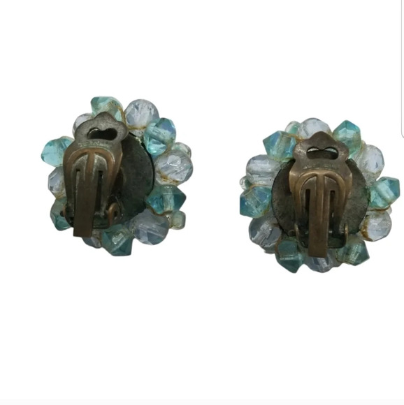 WEST GERMANY BLUE & AURORA BOREALIS GLASS BEAD CLUSTER CLIP ON EARRINGS - Picture 4 of 5
